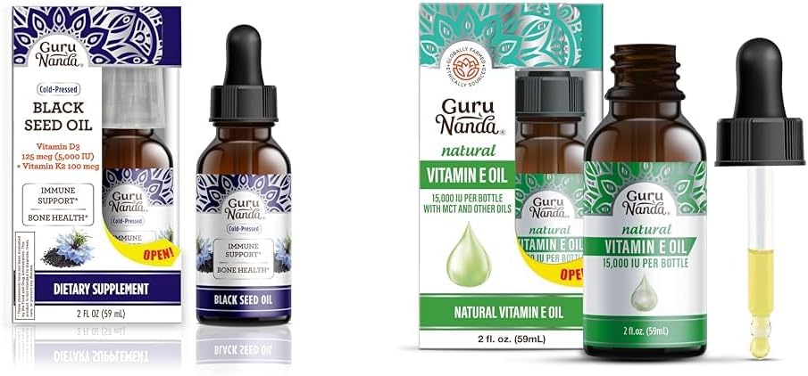GuruNanda Black Seed Oil, Nigella Sativa a frio - Rico em Vitamina D3 5000 Unidades, K2 & E & Vitamina E Oil (2 Fl Oz) - 100% Puro & Natural, 15.000 UI por garrafa para pele, cabelo, rosto