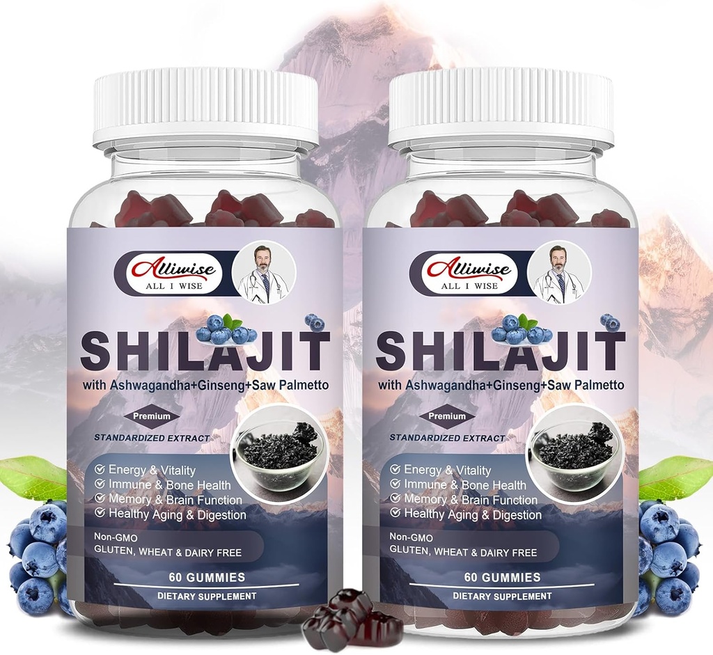 Shilajit Gummies para homens e mulheres, Shilajit Pure Himalayan Multi-Suplemento Original, Shilajit Ashwagandha & Alta em Minerais Trace & Ácido Fulvico para Energia, Força e Imunidade, 60 Servindo