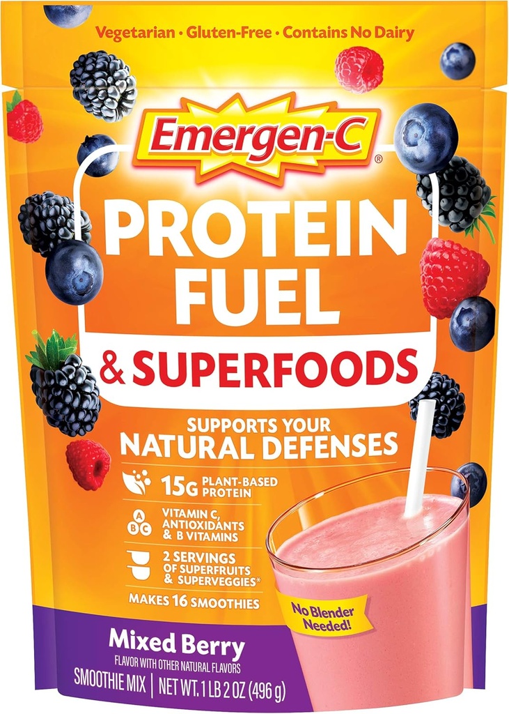 Combustível em pó de proteína emergen-C & Superalimentos (16 Servings, mistura de sabor de berry) Mistura de Shake de planta & vegetariana com superalimentos orgânicos, vitamina C & outros antioxidantes