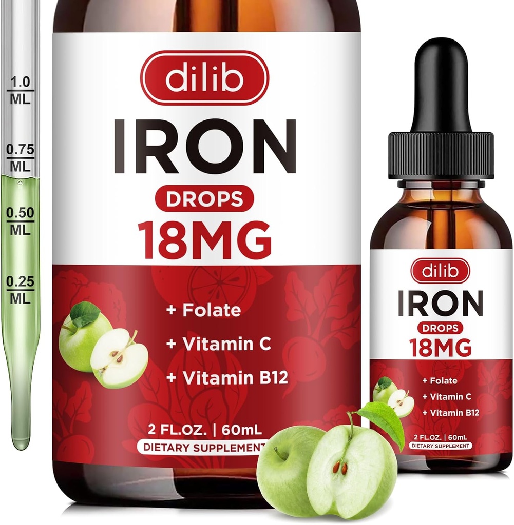 Suplemento de Ferro Líquido para Mulheres e Homens Gotas de Ferro Suplementos de Ferro para Anemia com Folato, Vitamina C, B12 para Suporte de Células de Sangue Vermelho-Flavor de Apple Verde, 2 Fl Oz