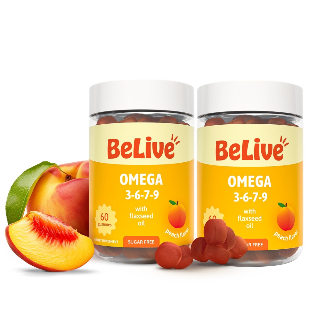 BeLive Orgânico Omega 3 Gummies - Omega 3 6 9 7 DHA & EPA de óleo de linhaça & mar Buckthorn Fruit Oil, Vegan, para crianças e adultos, Corpo completo, Cérebro e apoio ocular, Açúcar grátis – Peach 2-Pack