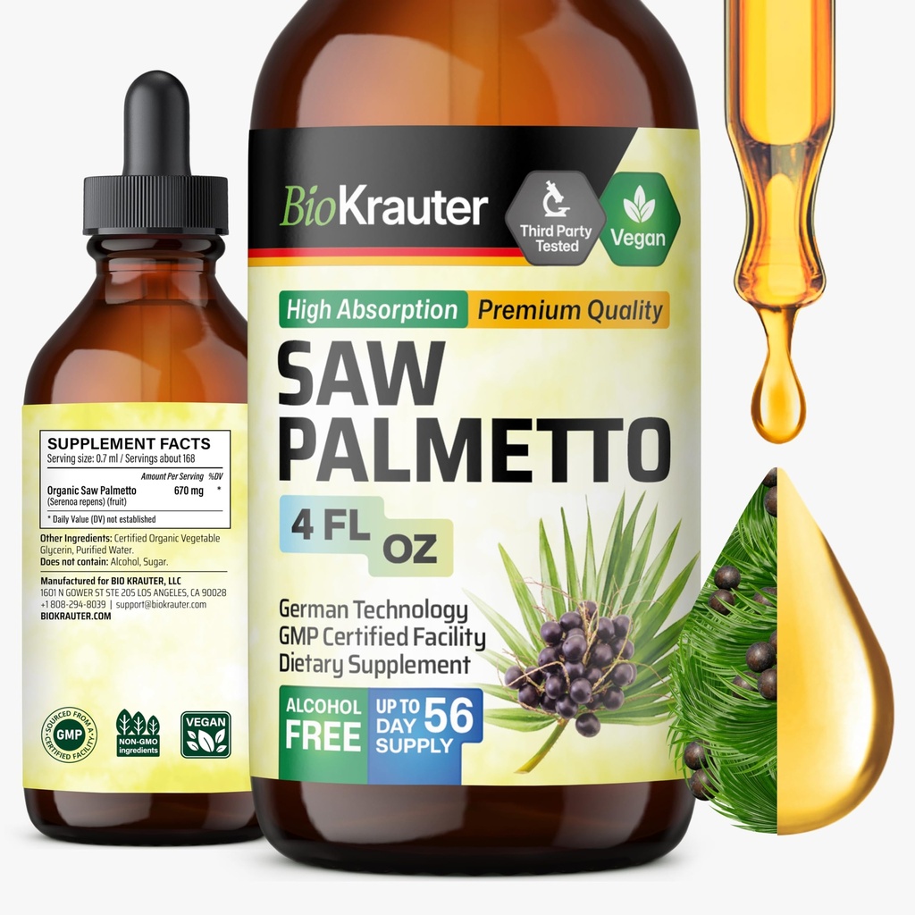 BIO KRAUTER Saw Palmetto Extract - Vegan Saw Palmetto para homens e mulheres - Apoio urinário - Álcool & Açúcar Livre - 4 Fl.Oz.