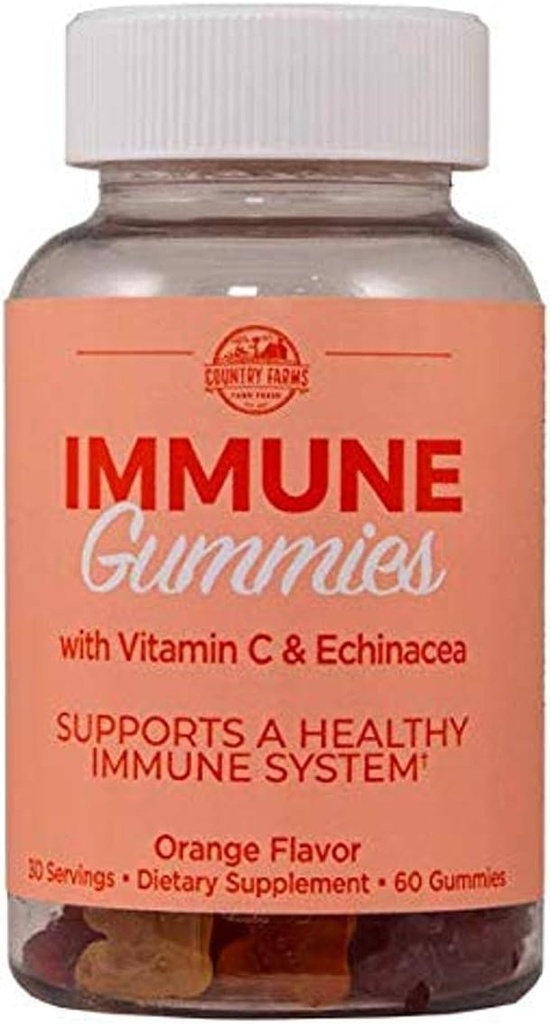 Fazendas do país Gummies imunes com vitamina C & Echinacea, Suporta Sistema imunológico saudável, Rico em antioxidantes, Delicioso sabor laranja, 60 Conde, 30 Servimentos