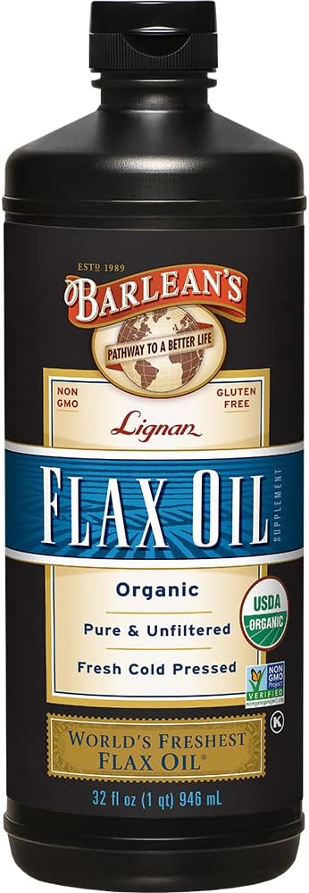 Lignan orgânico de Barlean Omega 3 Flaxseed Oil Liquid Supplement for Men and Women, Cold Press Flax Seeds, 7230mg ALA Fatty Acid, Vegan and Gluten Free, 32 oz
