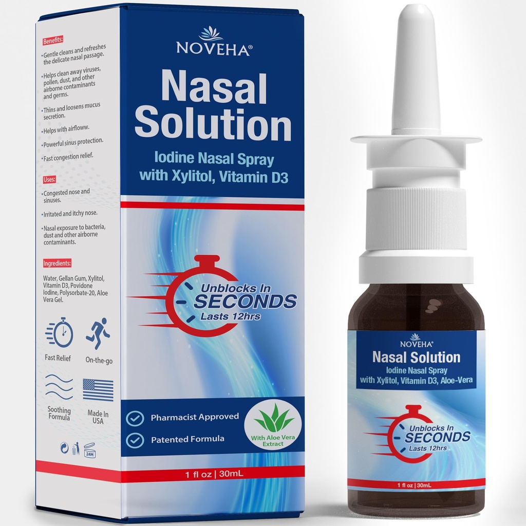 NOVAHA Pulverizador nasal - 1% Povidona-Iodina Spray, Vitamina D3, Aloe-Vera - Nasal Cleanser (30 ml)