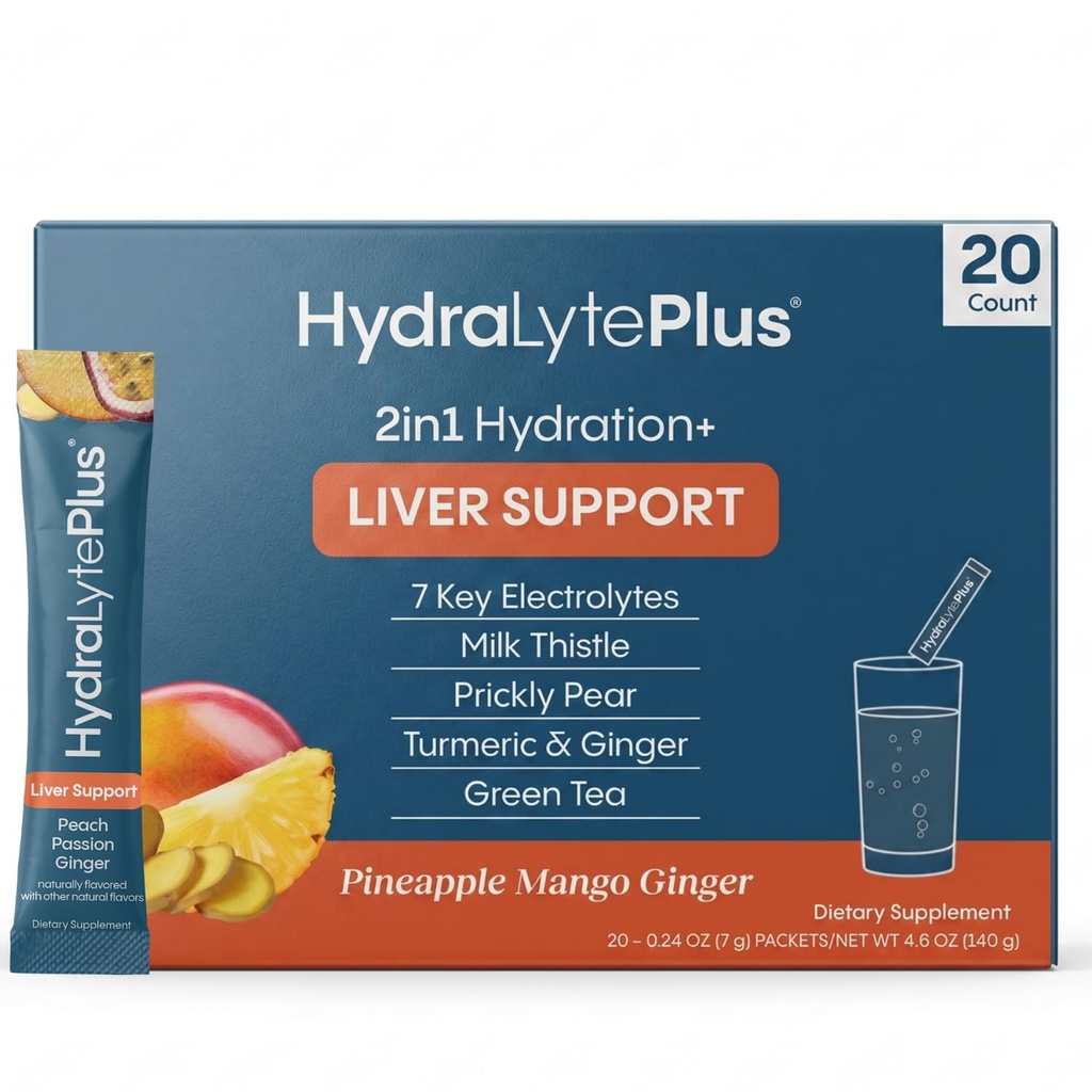 Suporte Hidralyte Fígado + Mistura de Eletrolitos com Cardo de Leite, Açafrão, Ginger, Prickly Pear, Extrato de Chá Verde Formulado para Reidratação Rápida (Pineapple Mango Ginger, 20 pacotes)