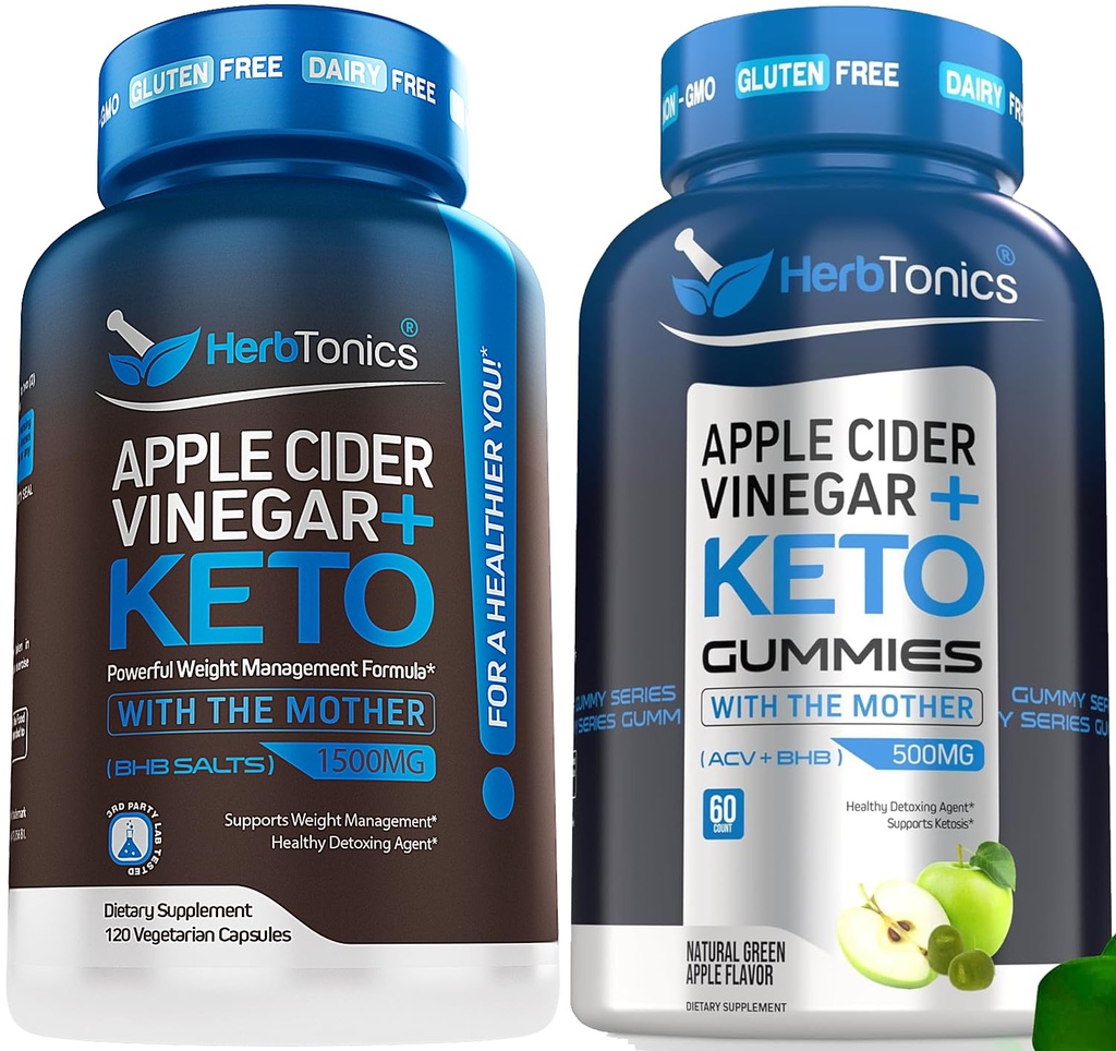 Herbtônicos Apple Cider Vinagre Cápsulas com Keto BHB - Suporta Digestão, Detox e Metabolismo para Mulheres e Homens, Livre de Açúcar, Keto Fórmula.