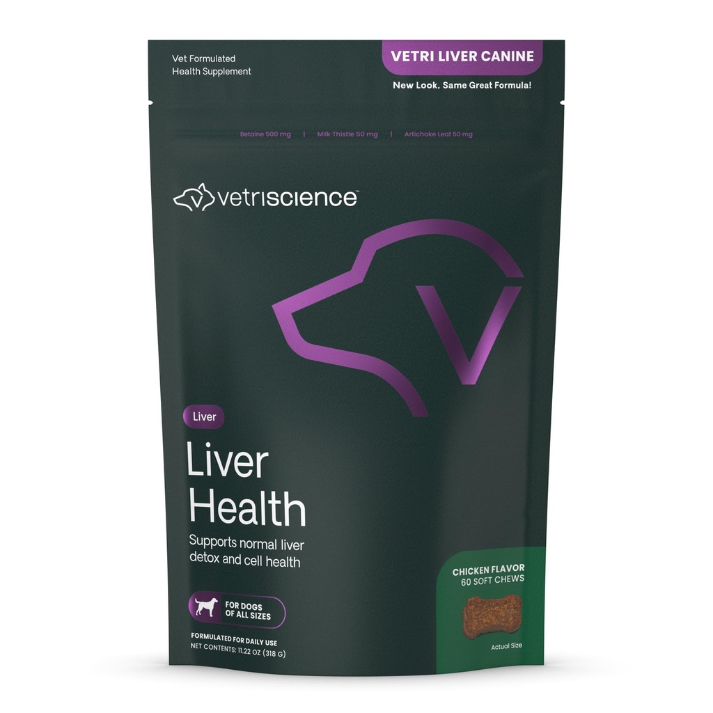 VetriScience Liver Health mastiga com cardo de leite, Vetri Liver Detox Suplemento para cães, folha de alcachofra e alcaçuz para apoio ao fígado e desintoxicação, frango, 60 Count