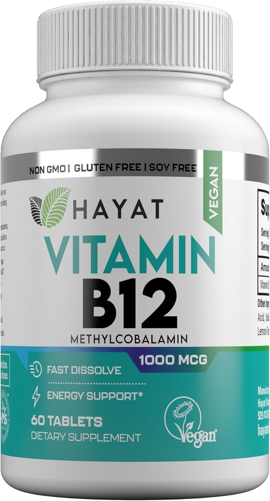 HAYAT Vitaminas Vegan Vitamina Natural B12 1000 MCG, Suplemento dietético para apoio ao metabolismo energético, 2 meses de fornecimento, Todos naturais, certificado Halal, 60 comprimidos, Made in the USA