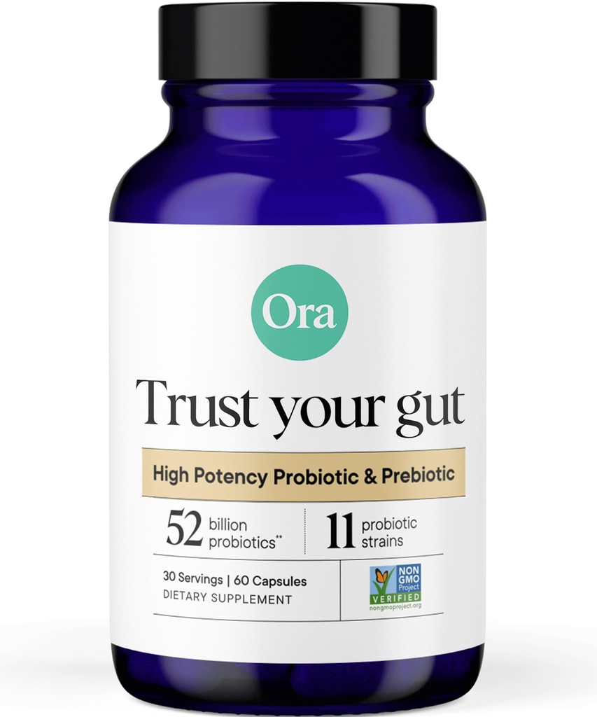 Probióticos Ora Orgânicos com Prebióticos - 52 Bilhões UFC 11 Clinicamente Estudiosos Strains para Saúde Digestiva, Confie em sua Gut, Gluten Free, 60 Cápsulas