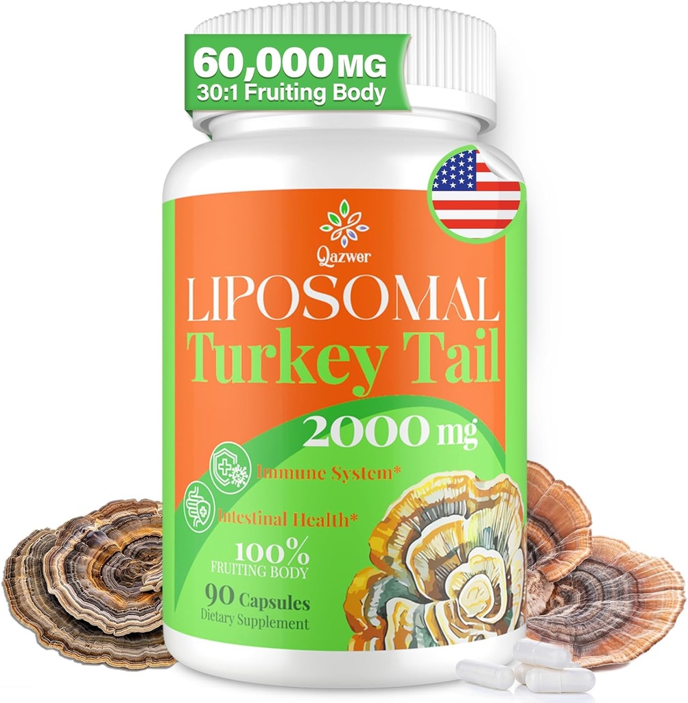 Cápsulas de cogumelos de cauda de Turquia lipossômicos, alta absorção orgânica Turquia cauda Mushroom Extract 2000MG; 30:1 Fruiting Body; Suplemento para Saúde Digestiva, Energia e suporte imunológico, Não-GMO -90 Cápsulas
