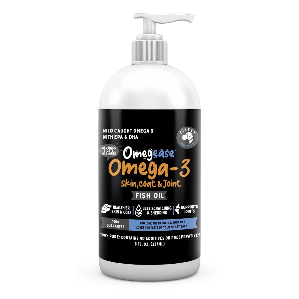Óleo de peixe Omegease para cães e gatos - mais fino para animais de estimação Omega 3 para gatos e cães - Suplemento para pele e casaco, coceira, derramamento, articulações e saúde imune - 100% Puro óleo de peixe Omega com EPA & DHA (8 onças)