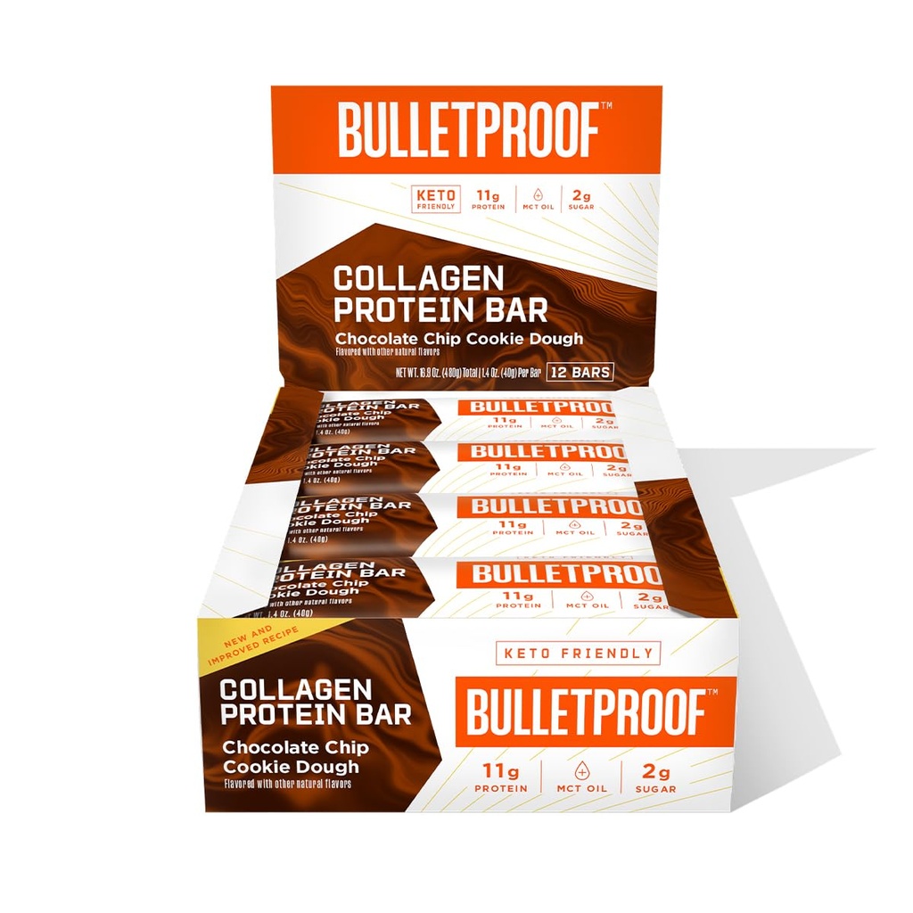 Chocolate à prova de bala Chip Cookie Dough Colagen Protein Bars, Pacote de 12, Keto-Friendly Snack com óleo MCT, Colágeno alimentado por grama, Sem açúcar adicionado