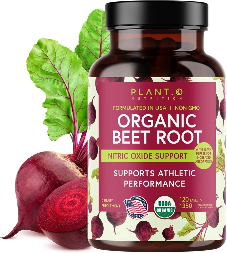 USDA Plant.O Premium Organic Beet Root Tablets [1350mg Beets Powder] com pimenta preta para Absorção Extra - Suplemento de óxido nítrico