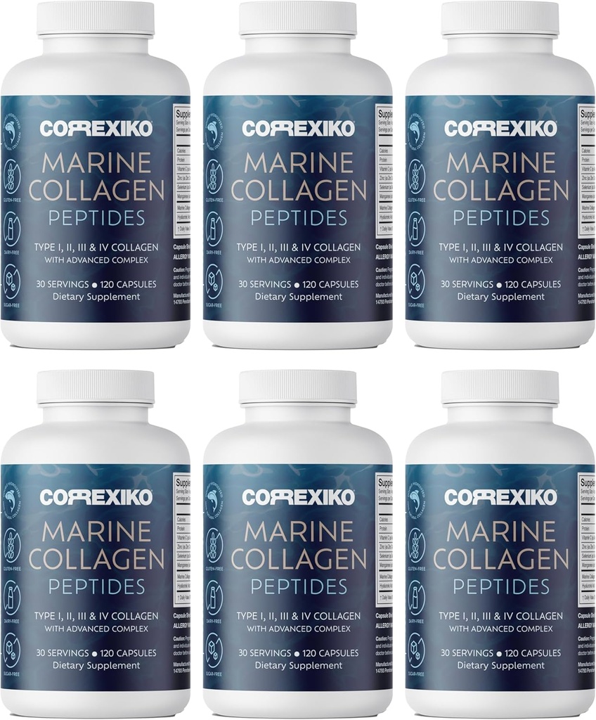 Pílulas de Colágeno Marinho CORREXIKO - 1800mg Pílulas de Colágeno Hidrolisado por Servindo com Ácido Hialurônico Adicionado, Vitamina C & Minerals - para Cabelo, Pele & Unhas - 720 Cápsulas 6 Mês de Fornecimento