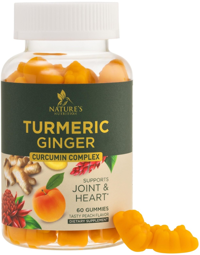 Gummies Supplement Curcumin Açafrão - 95% Curcuminoides com açafrão & gengibre, Pimenta preta para melhor absorção, Suporte conjunto Vegan da natureza, Não-GMO, Sem glúten, Saboroso sabor de pêssego - 60 Gummies