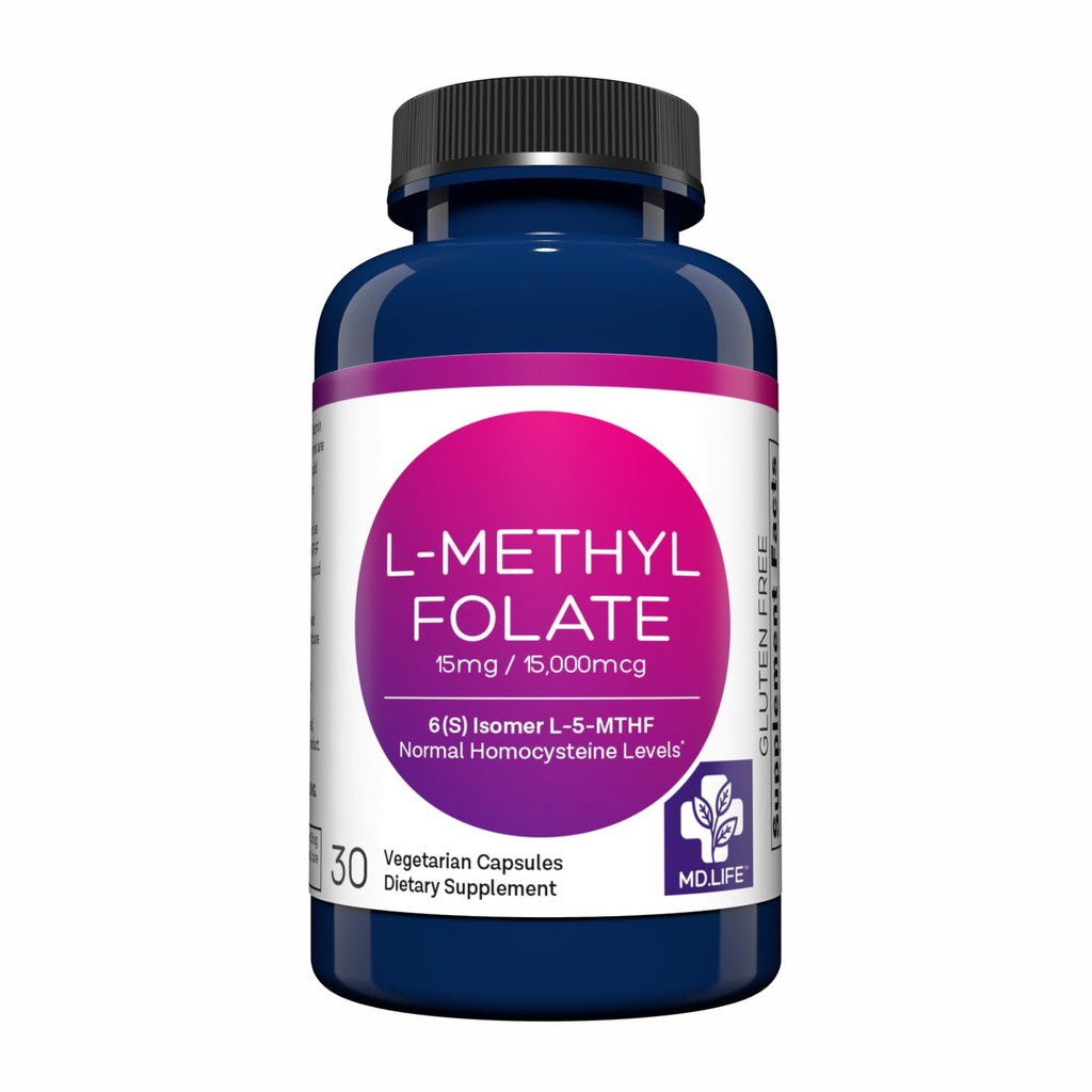 Vida MD L-Metilfolato 15 mg Suplemento - Professional-Grade Active L Suplemento de Metilfolato - 30 Cápsulas - L-Metilfolato 15mg - máxima potência MTHFR W / Essential Aminoácidos