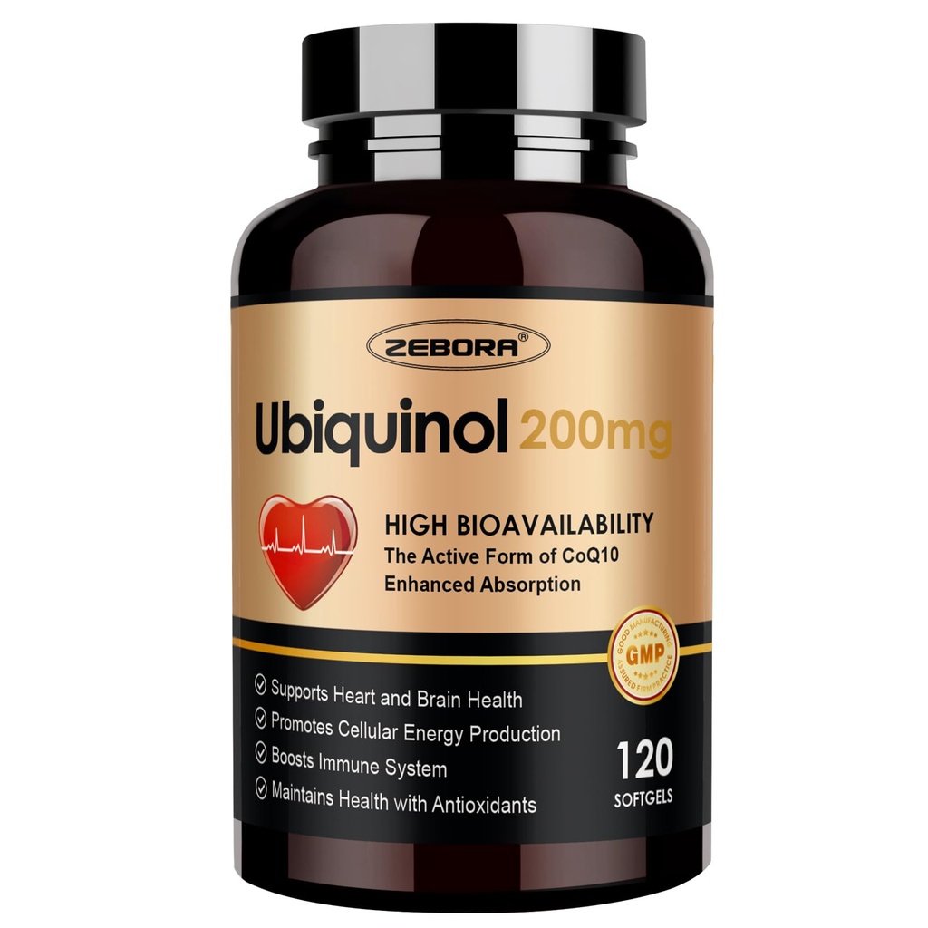 ZEBORA Ubiquinol CoQ10 200mg Softgels, 4-em-1 poderoso antioxidante para saúde do coração e vascular, essencial para a produção de energia, Max Absorção Forma ativa de CoQ10, 120 Softgels