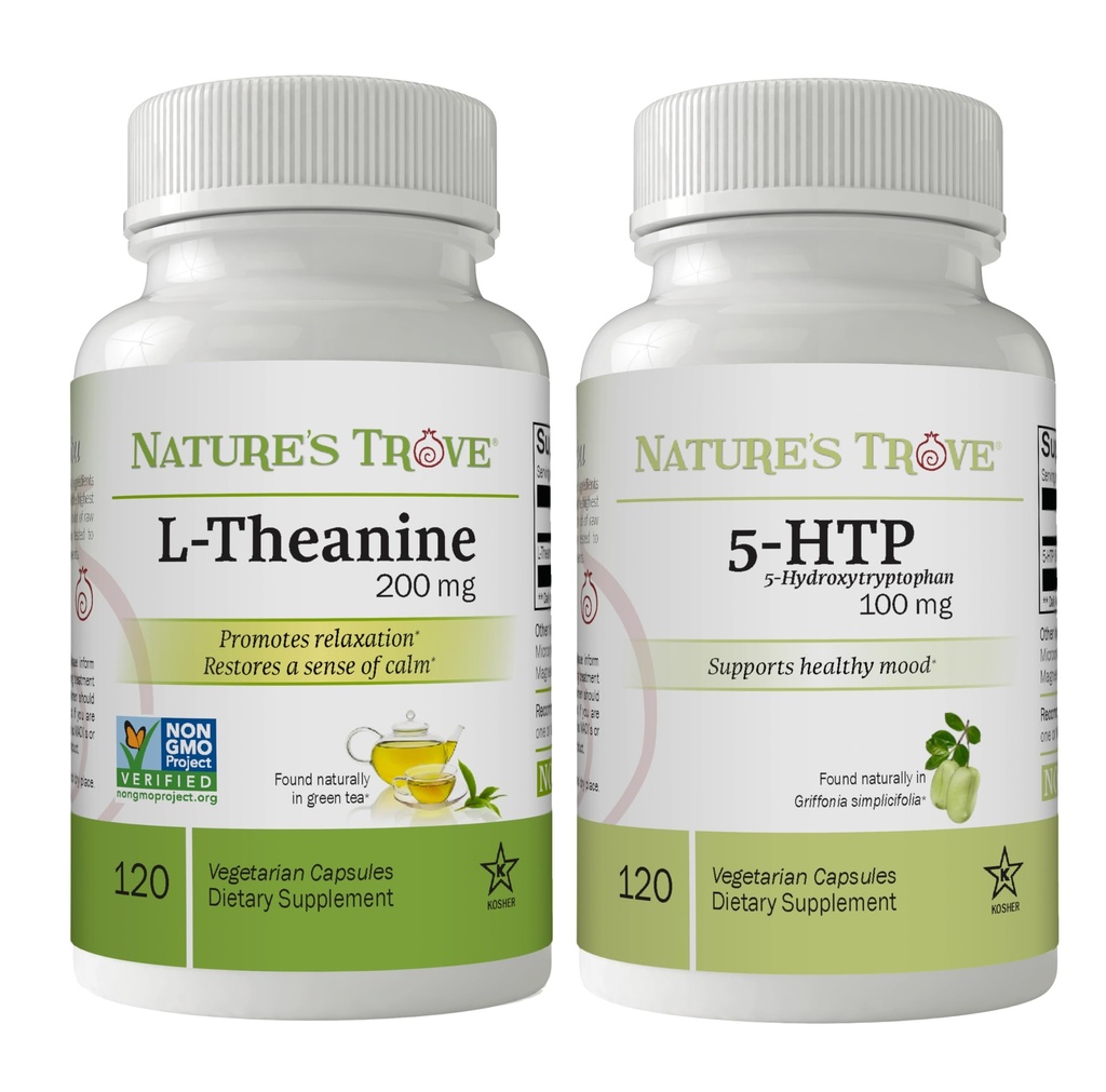 Trove L-Theanina 200mg 120 Cápsulas vegetarianas e 5-HTP 100mg 120 Cápsulas vegetarianas - calma & saudável Mood Stack