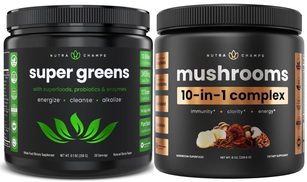 NutraChamps Super Verdes & Super Cogumelos: Ultimate Brain, Gut & Body Boost