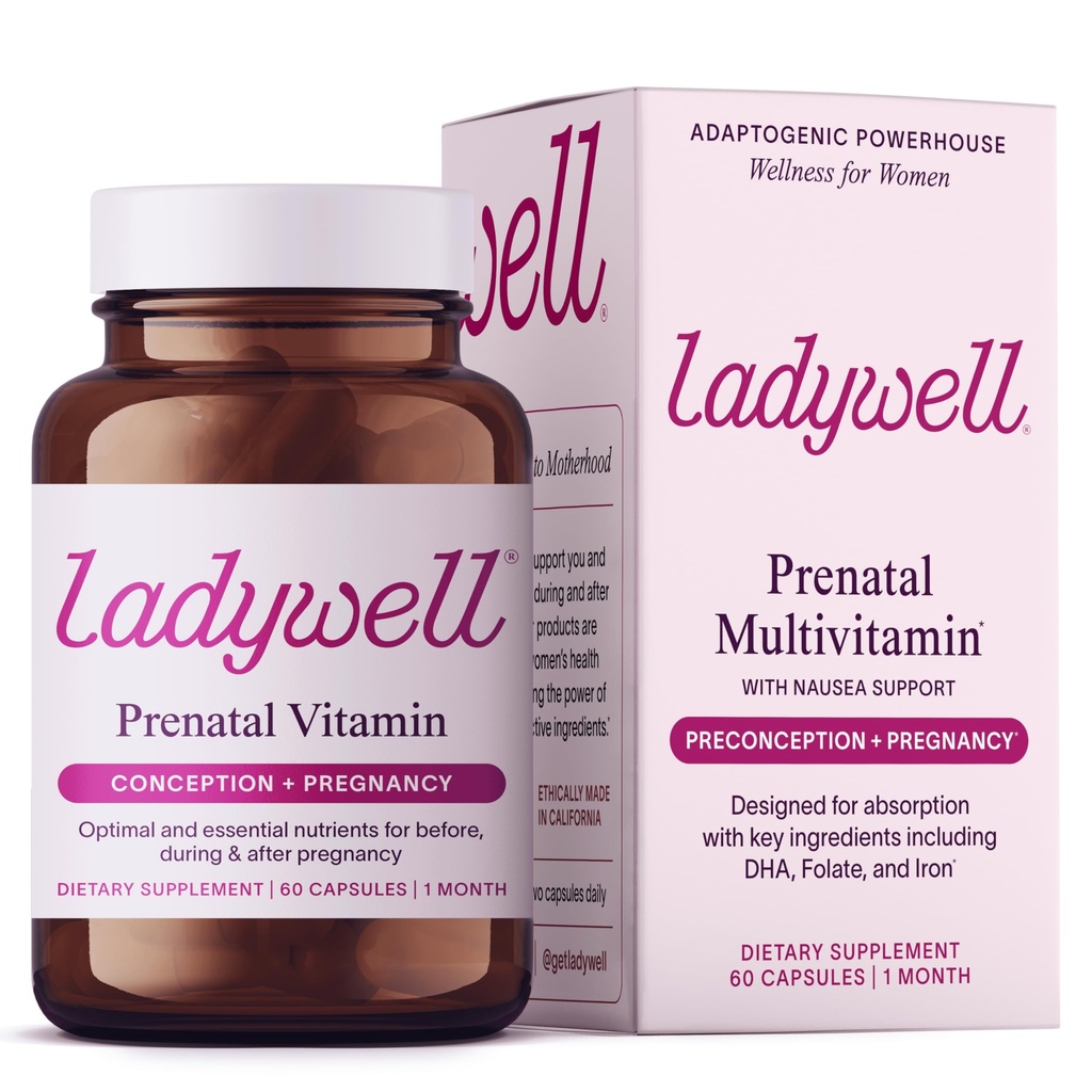 Ladywell Multivitamina pré-natal    , Concepção, Gravidez e Pós-parto , Ingredientes-chave incluindo DHA, Folato e Ferro , Especialmente Formulado e Testado , Projetado para absorção com suporte de náuseas, 60 Ct