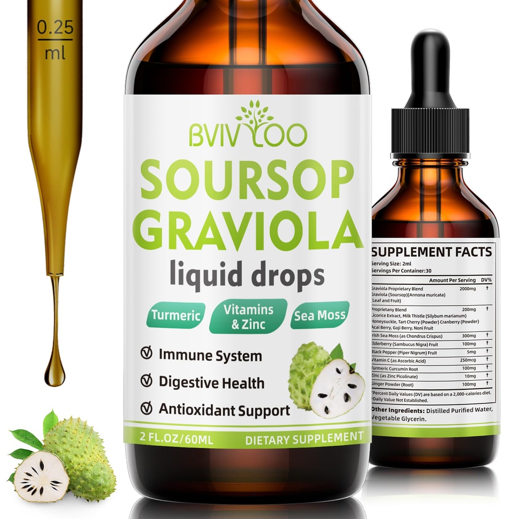 Soursop Graviola Liquid Drops - 2000mg Puro Soursop Extract Misturado com 300mg Sea Moss & 100mg Elderberry - Suporte Celular Poderoso, Antioxidante-Rich, Immune-Boosting - 2 Fl Oz (60ml) Garrafa