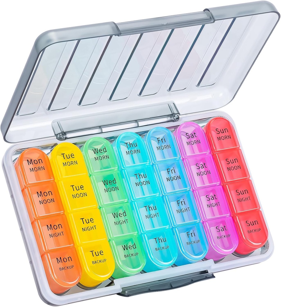 Daviky Weekly Pill Organizer 4 vezes por dia, Moisture-Proof Pill Box 7 dia, Daily Pill Case Medicine Organizer Box Fácil de Carregar, Organizador de comprimidos de viagem com 28 compartimentos para segurar vitaminas e remédios