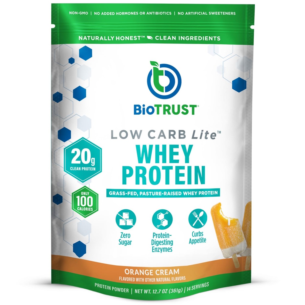 BioTrust Low Carb Lite, 20 gramas de proteína de whey isolado de grama, 100 calorias, ProHydrolase Enzimas Digestivas, Não-GMO, Livre de soja e glúten, rBGH-Free (14 Servings) (Creme de laranja)