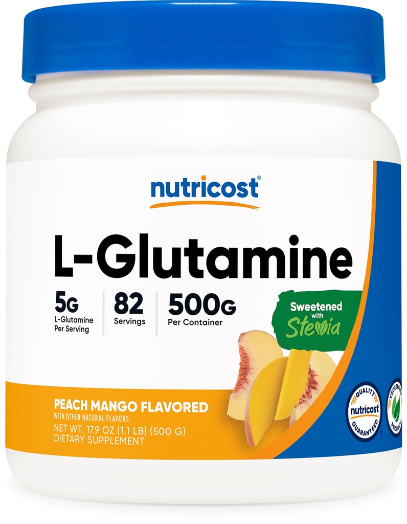 Nutricost L-Glutamina em pó adoçado com Stevia (500 gramas, Mango de pêssego) - Suplemento para suporte de gut, 5 gramas de L-Glutamina por serviço - sem glúten, não-GMO
