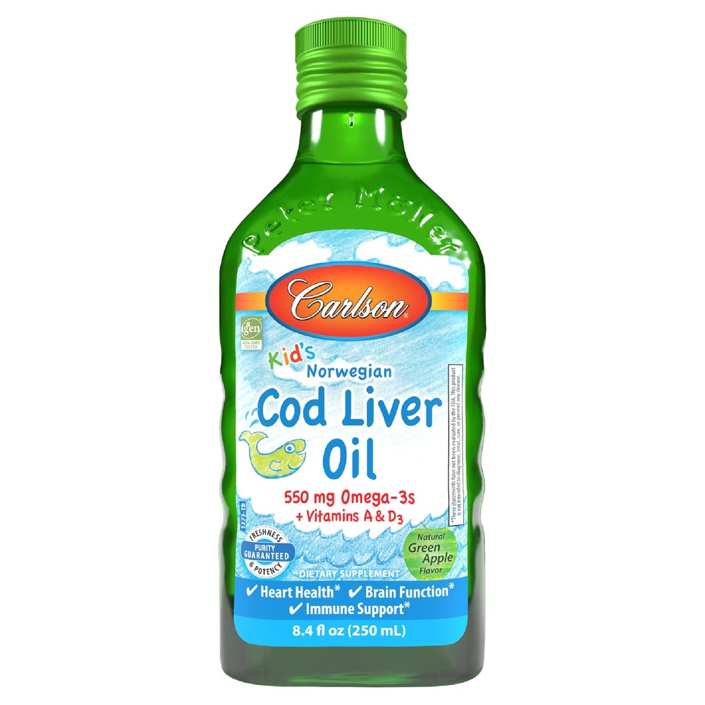 Carlson - Óleo de fígado de bacalhau de criança, 550 mg Omega-3s, além de vitaminas A e D3, óleo de peixe líquido, bacalhau norueguês selvagem, óleo de peixe nórdico de origem sustentável, maçã verde, 250 ml (8,4 Fl Oz)