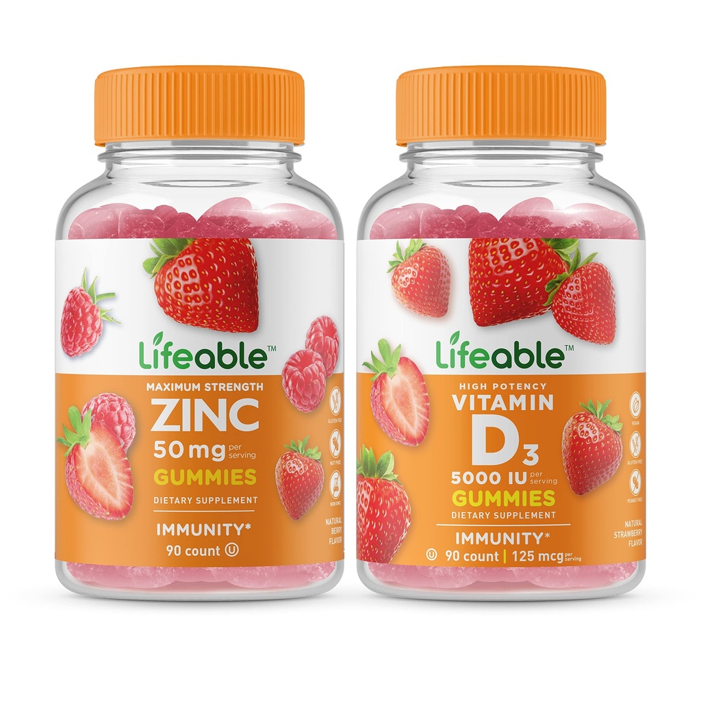 Zinco vitalável 50mg + Vitamina D 5000 UI, Gummies Bundle - Grande degustação, Suplemento Vitamina, Gluten Free, GMO Free, Gummy mastigável