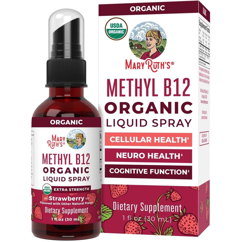 MaryRuth Organics Vitamina B12 Spray Líquido Vegan, Non-GMO, Gluten-Free , USDA Suplemento Orgânico , Energia & Sistema Nervoso Suporte , B12 Vitaminas para Mulheres e Homens , 720 mcg , 1 Fl Oz