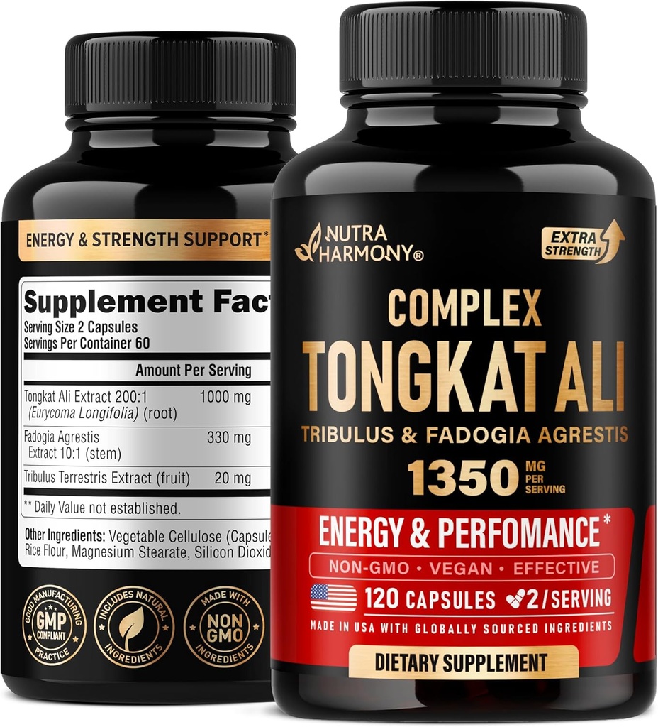 Tongkat Ali Men 1350mg Complex - Fadogia Agrestis - Tribulus Terrestris - Suporte de Energia, Força e Desempenho - Extrato de Força Extra 200:1 Extrato - 3o Partido Testado, Made in USA - 120 Cápsulas / 2 Mês