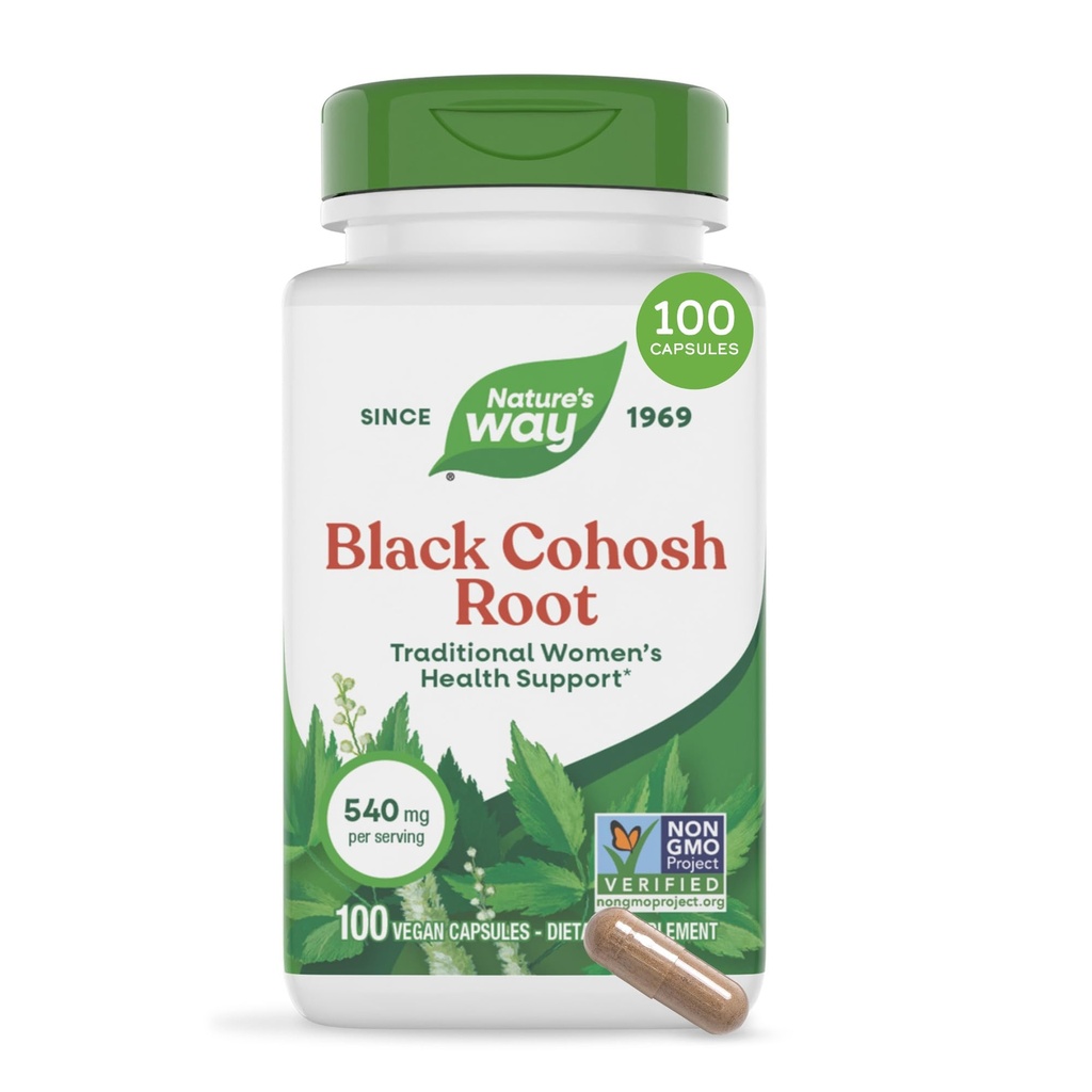 Nature's Way Black Cohosh Root, Apoio Tradicional à Saúde da Mulher*, 540 mg por Serviço, Projeto Não-GMO Verificado, 100 Cápsulas