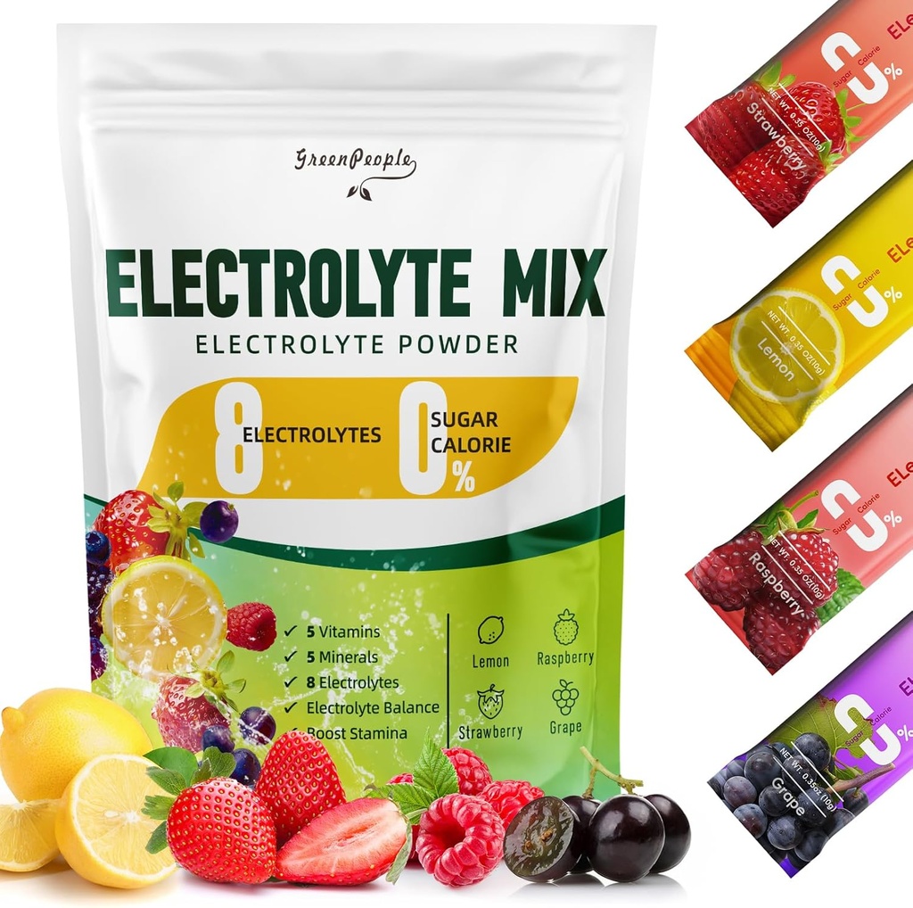 GREENPEOPLE Electrolytes Powder No Sugar - Sugar Free Hydration Electrolyte Packets - Fruit Flavors Electrolyte Drink Mix - 8 Eletrolytes 5 Vitaminas & Minerals Vegan Non-GMO 16 Sticks