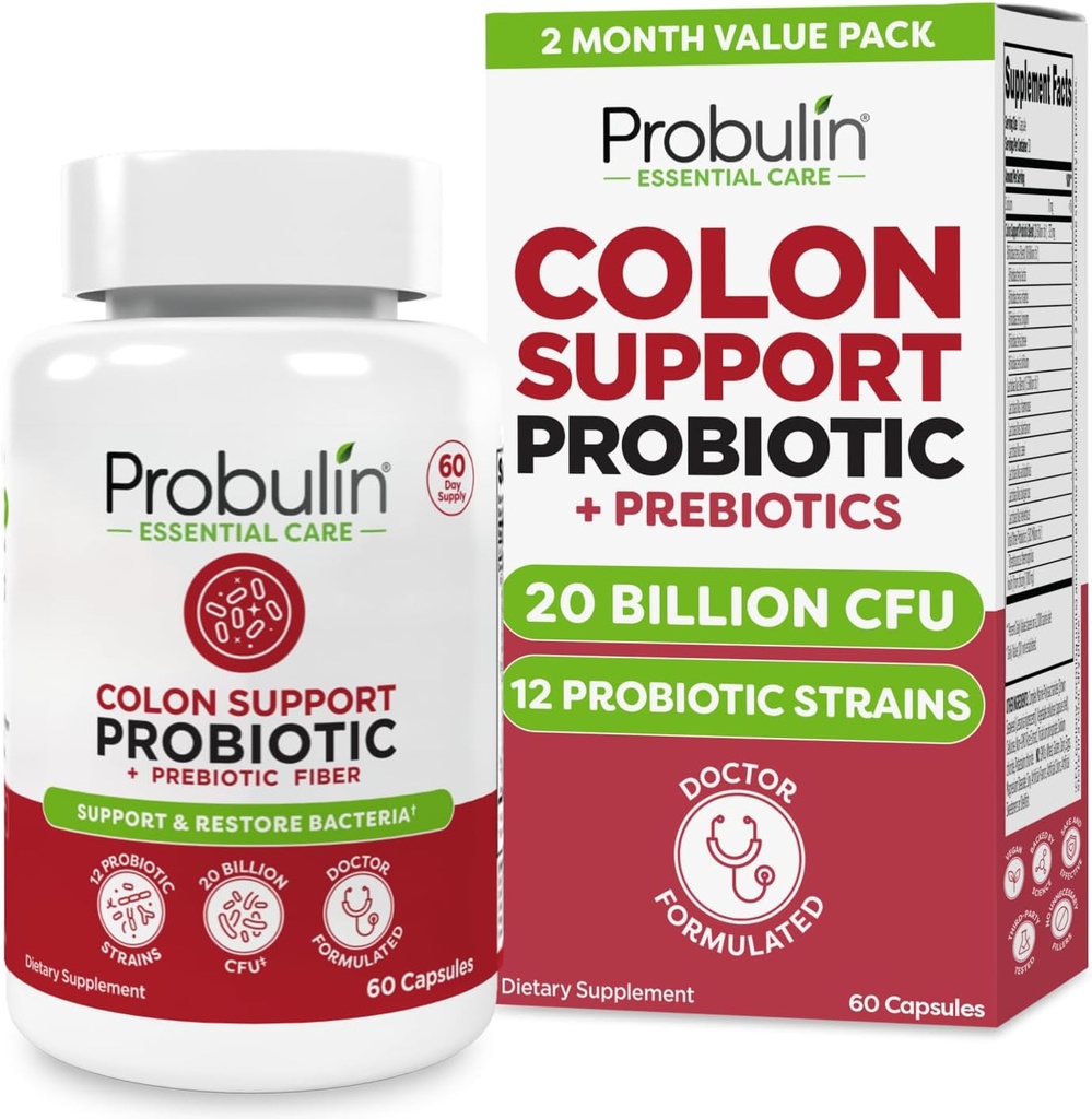 Probulin Colon Suporte Suplemento Probiótico, Gut diário, Digestivo, e Imune Saúde Probióticos Cápsulas para homens e mulheres, 20 bilhões UFC, Vegan, 60 conta garrafa