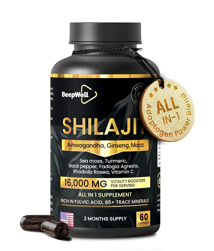 Cápsulas Shilajit para homens e mulheres, 16.000mg Puro Himalaia Orgânico Shilajit Suporta Vitalidade e Bem-Estar,Premium Pure Himalayan Suplemento 2 Meses Abastecimento, 60 Cápsulas