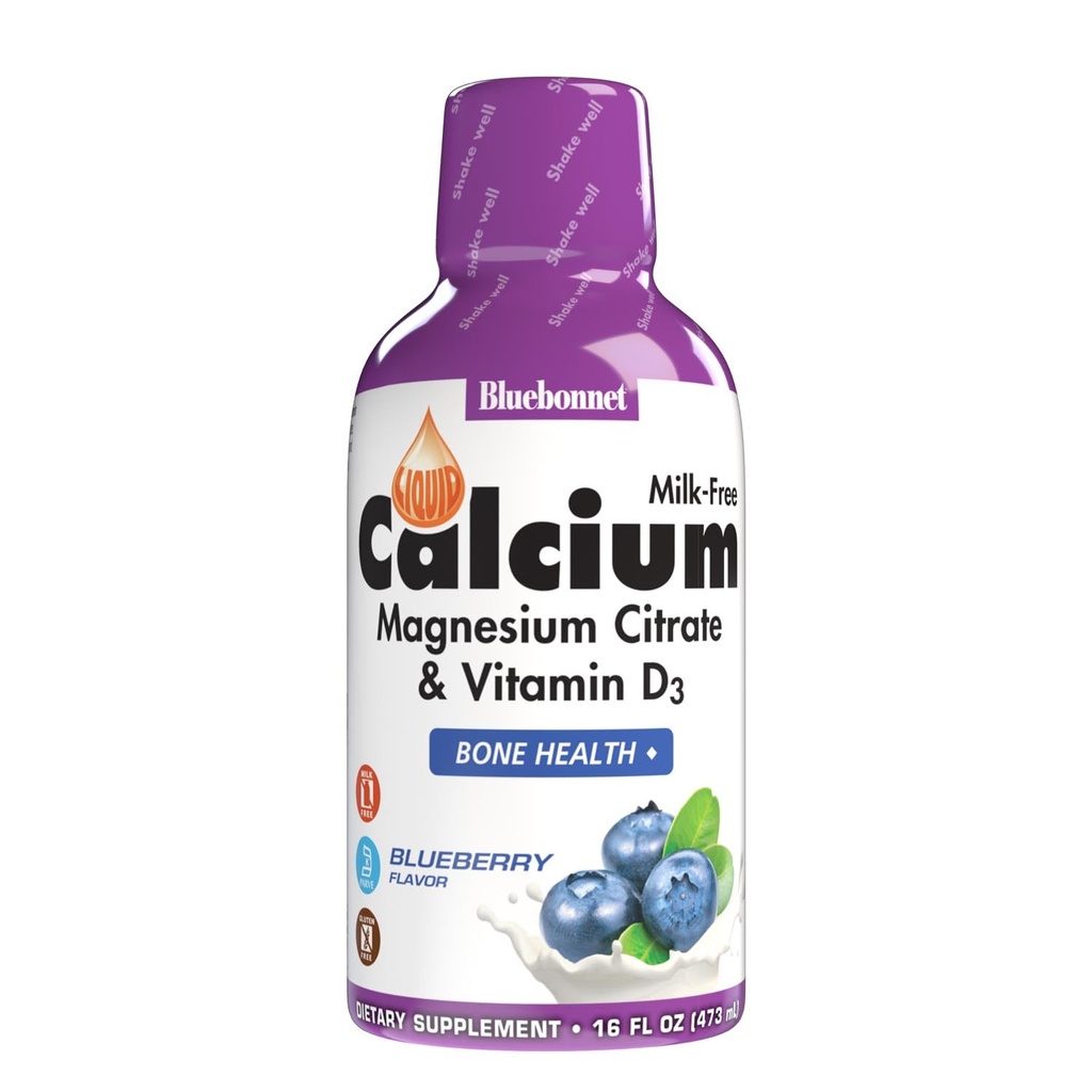 Bluebonnet Nutrição Citrato de cálcio líquido Citrato de magnésio, Vitamina D3, Saúde Óssea, Sem Glúten, Sem soja, sem leite, kosher,32 Servings, sabor de mirtilo, 16 Fl Oz (Pacote de 1)
