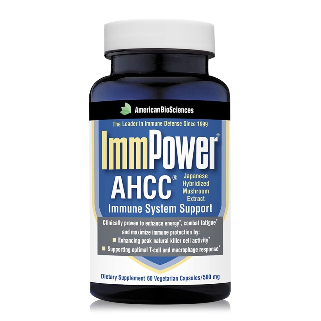American BioSciences ImmPower AHCC Herbal Mushroom Supplement, 500mg por cápsula para suporte imunológico, mantém a atividade natural da célula assassina, pacote de 1, 60 cápsulas vegetais