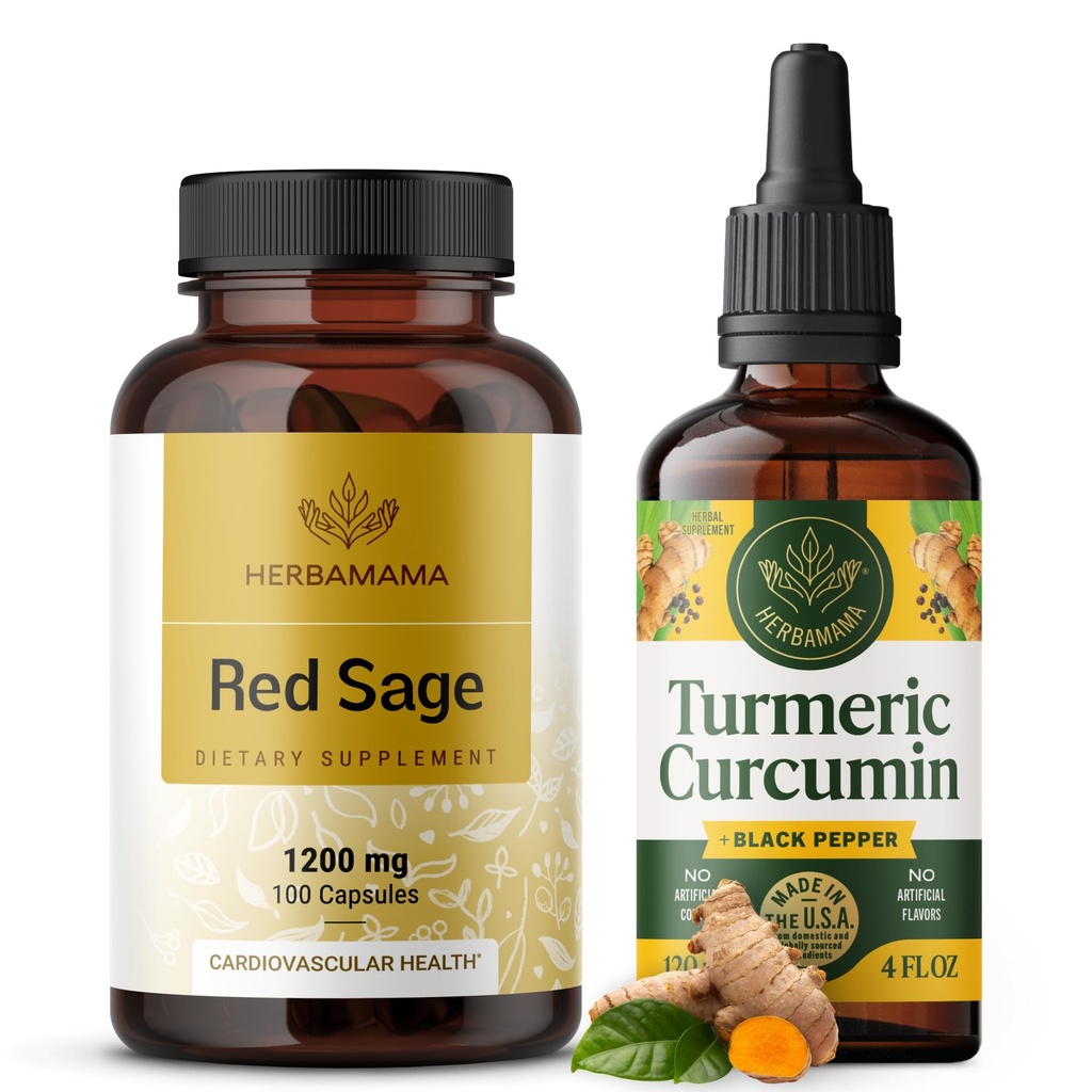 HERBAMAMA Red Sage and Turmeric Kit - Pacote de 1200 mg Red Sage Dan Shen Cápsulas e Curcumina Açafrão Gotas 2 fl oz - Vegan, Não-GMO, Açúcar & Álcool - 2 Pack