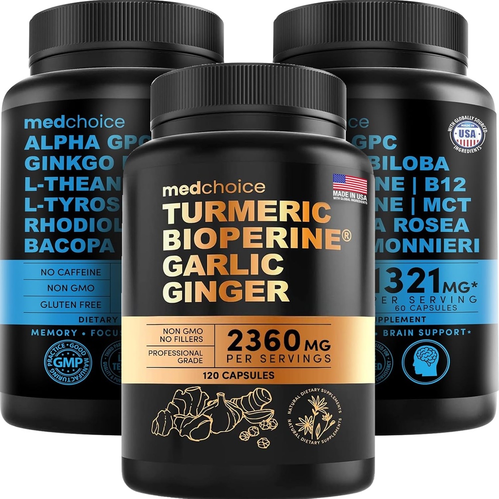MEDCHOICE Turmeric & Ginger (120ct) e Nootropic Brain (120ct) Pacote Suplemento - Bem-Estar Duo para Juntar, Digestão, Cérebro, & Suporte de humor - Vegan, Não-GMO, Sem glúten