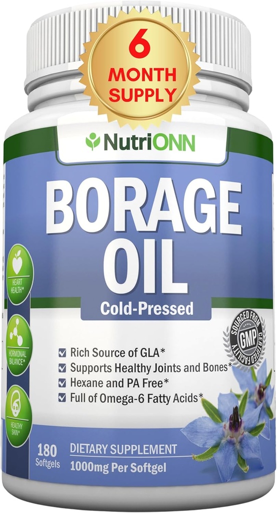 Óleo de Borage - 1000 mg - 180 Softgels - Frio Pressionado Alto GLA Borage Seed Oil - Hexane e PA Free - Ótimo para a pele, cabelo e ossos.