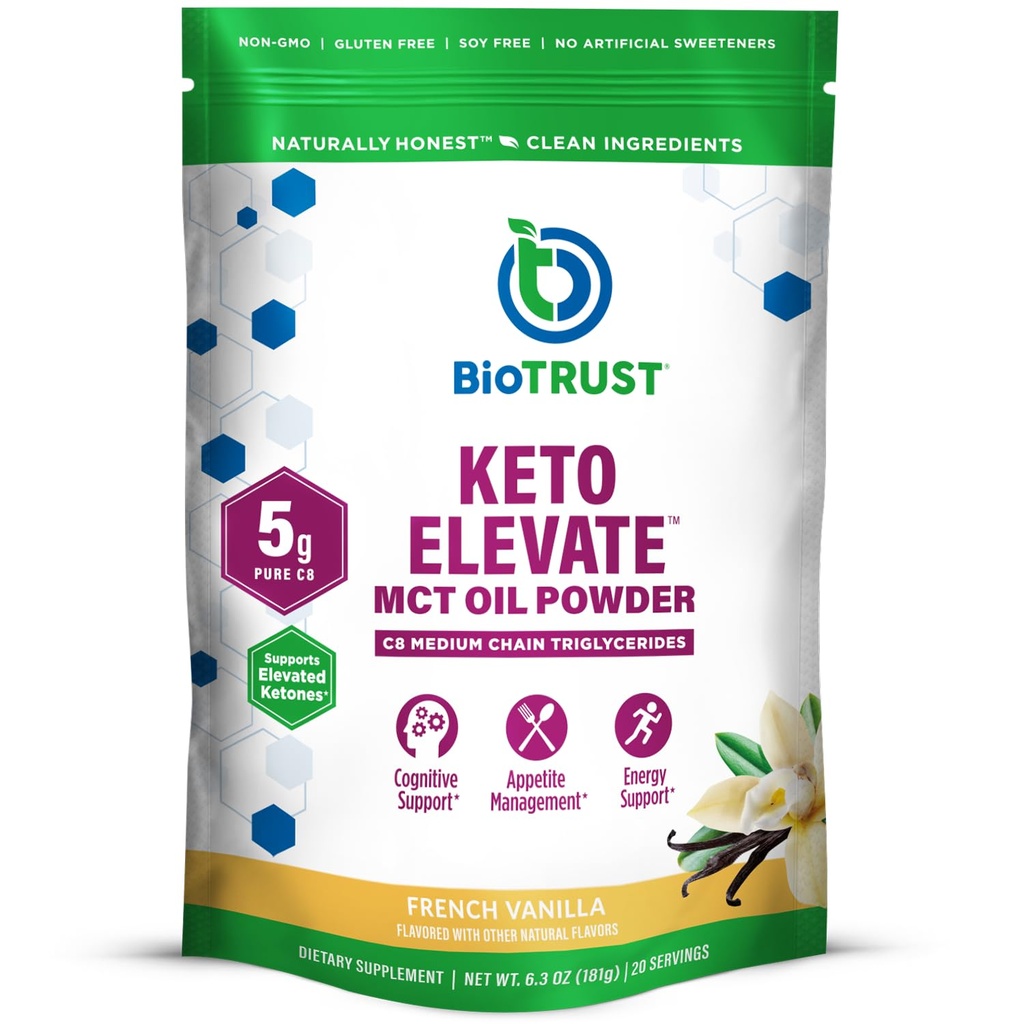 BioTrust Keto Elevate – C8 MCT Oil Powder – Ketogenic MCT Cafe Creamer, Keto Cafe Creamer – Clean Energy, Mental Focus, Clarity – 100% Caprylic Acid MCT Powder, Non-GMO (Baunilha Francesa, 20 Servings)