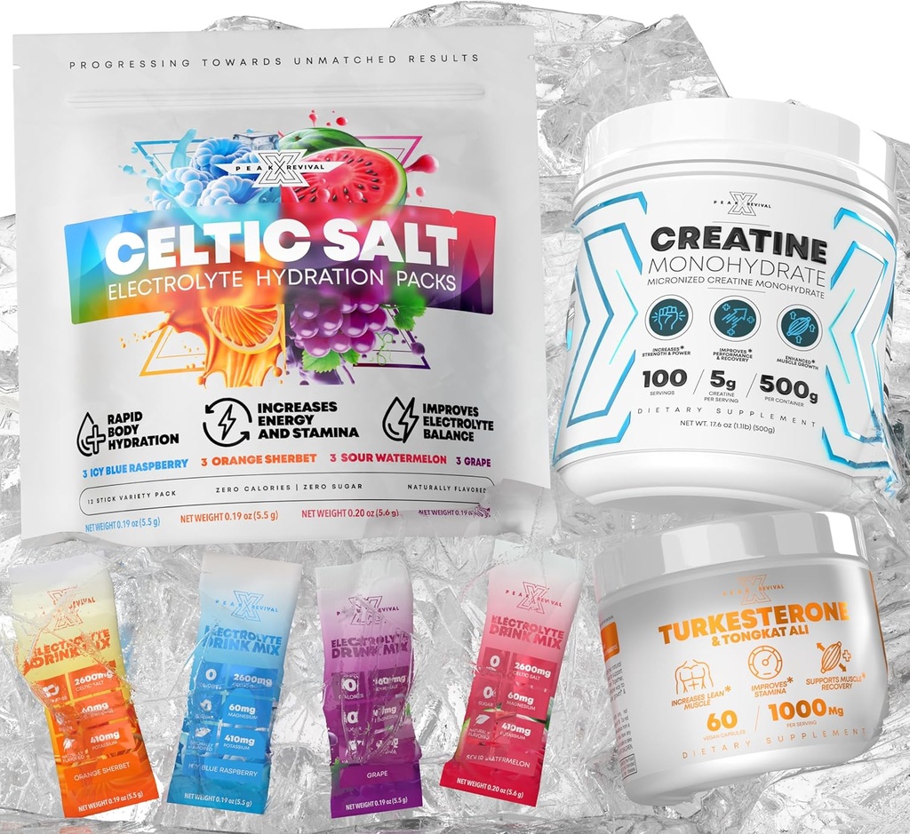 Eletrólitos de sal celta em pó Pacotes + Creatina Monohidrato em pó Suplemento + Turkesterone & Tongkat Ali 1000mg Suplemento