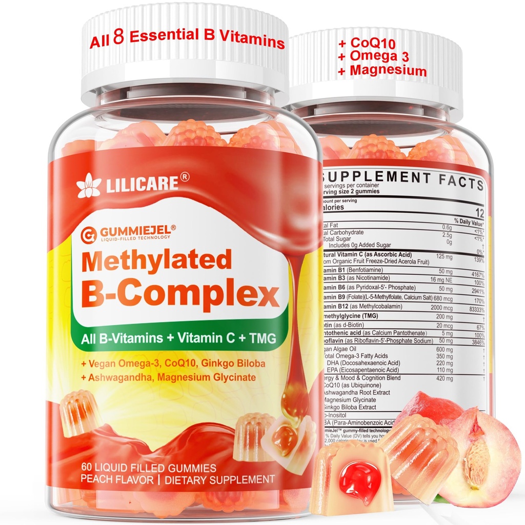 Vitamina B super metilada Complex Gummies - Todas as vitaminas B + Ômega-3, magnésio, CoQ10, Ashwagandha, Vitamina C, TMG- Para mulheres homens Metil B12 2000 mcg, metilfolato, B1, B2, B3, B5, B6, B7- Açúcar Livre