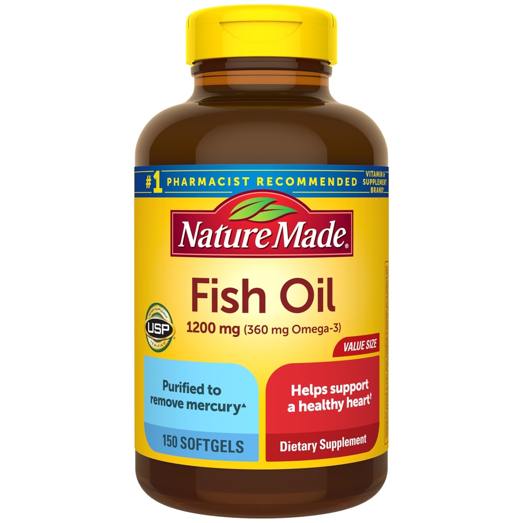 Nature Made Fish Oil Omega 3 Suplementos, 1200 mg Softgels, Omega 3 Fish Oil for Healthy Heart Support, 150 Softgels, 75 dias de fornecimento