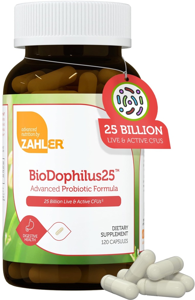 Zahler BioDophilus25, 25 bilhões UFC Probiótico + Prebiótico - 11 Strains Daily Probiótico Suplemento - Kosher Probióticos para Mulheres para a Saúde Digestiva, Probióticos para Homens para Gut Saúde (120 Cápsulas)