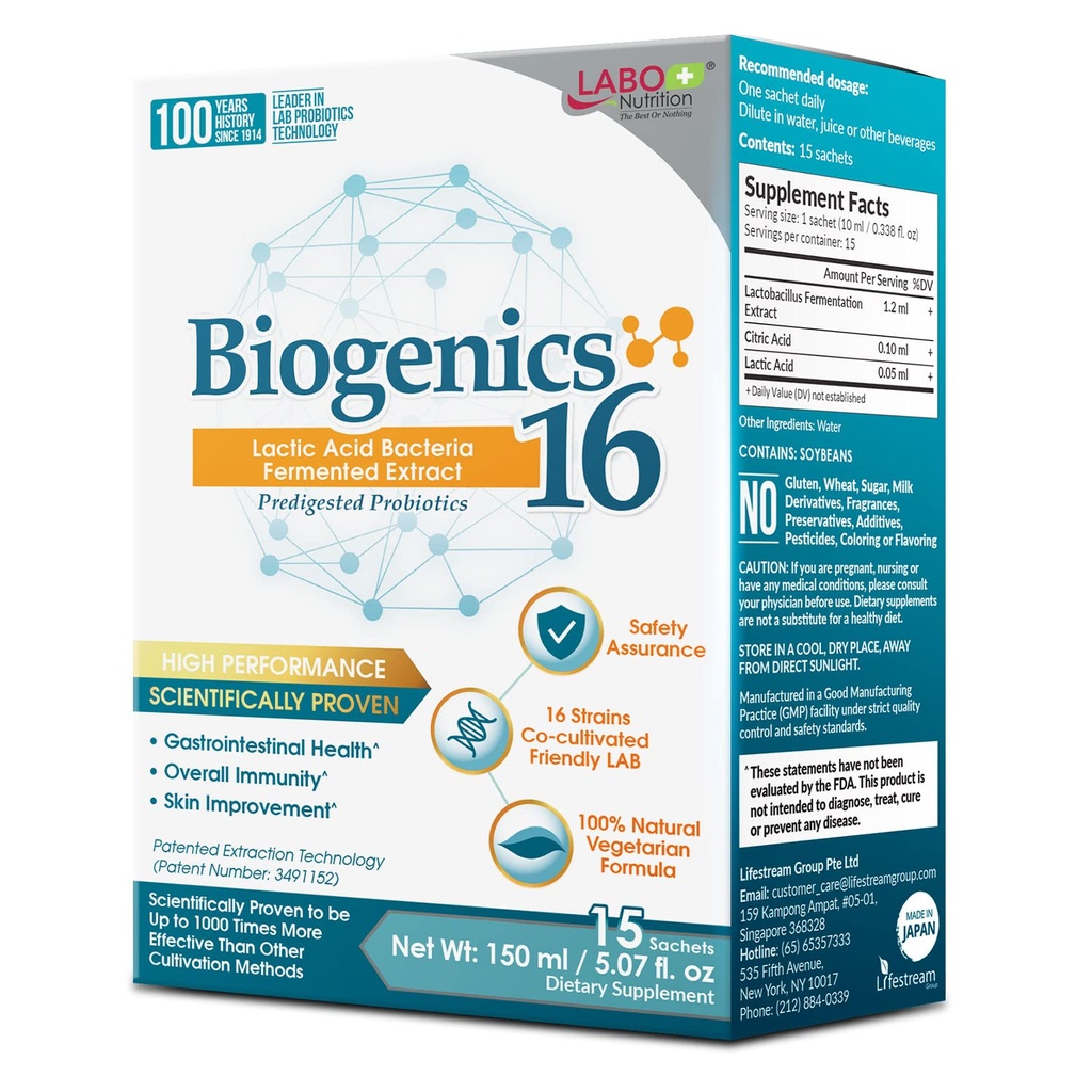 LABO Nutrition Biogenics 16-Láctica ácido Bacteria Fermented Extract, 1000x Mais eficaz, Gut Health Support Além de Probióticos e Prebióticos, Melhorar a pele intestinal e Imune Health, 10mlx15 sachets