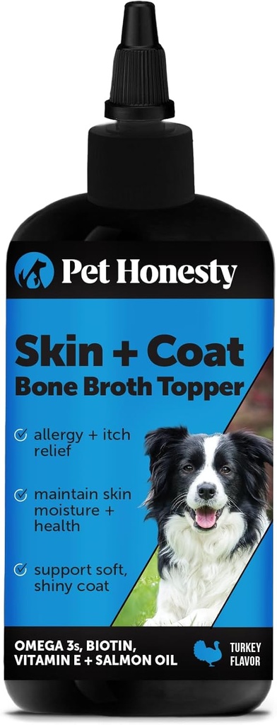 Pet Honestity Dog Skin and Coat Supplement with Salmon Oil for Dogs - Allergy Itch Relief + Skin & Coat Health, Dog Food Topper Bone Broth with Salmon Oil, Colágeno, Biotina + Vitamina E (12 onças)