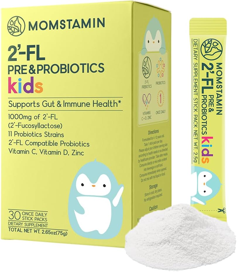 MOMSTAMIN 2'-FL HMO Prebióticos & Probióticos para Crianças, 1000mg Leite humano Oligossacarídeo 2'-FL Pó, Patented 11 Strains, saudável Gut Microbiome, Imune & Suplemento Digestivo, IBS Relief - 30 Sticks